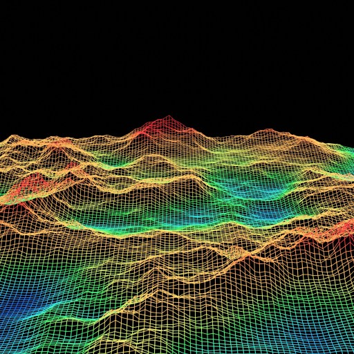 A 3D wireframe representation of mountainous terrain, colored with a gradient from red to blue against a black background.