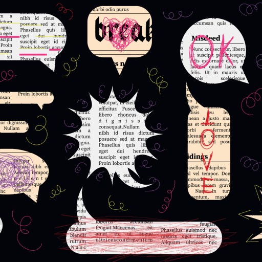 A collage of speech bubbles containing randomly oriented text, scribbles, and abstract shapes on a black background. Some bubbles feature words like "news" and "missed" partially visible.