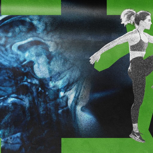 A woman performing a high-knee exercise is overlaid on an image of a brain scan, set against a green and black background, highlighting the importance of exercise in the fight against Alzheimer's.