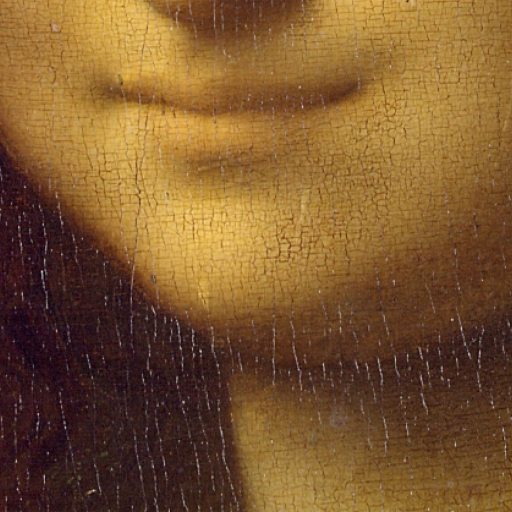 Close-up of the lower face from a classic oil painting, showing a subtle smile, cracked paint texture, and part of wavy brown hair.