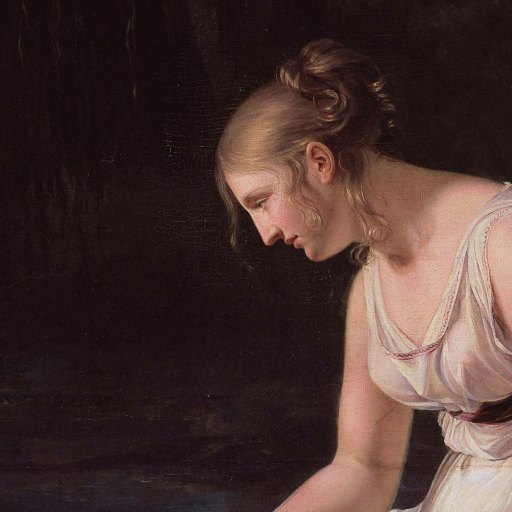 A young woman in a white dress with a black sash sits beside a body of water, gazing down, with a dark forest in the background.