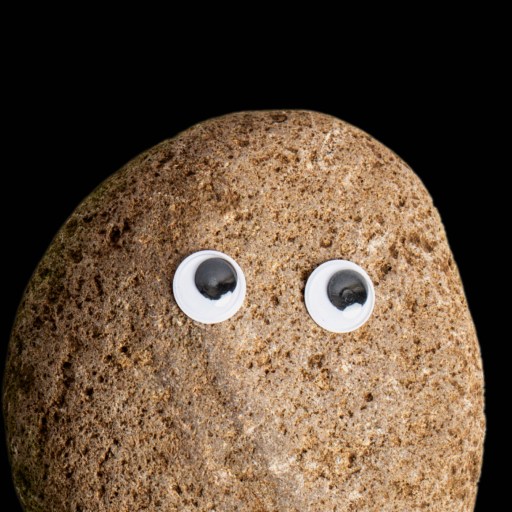 A brown rock with two googly eyes attached to its upper half, set against a plain black background.
