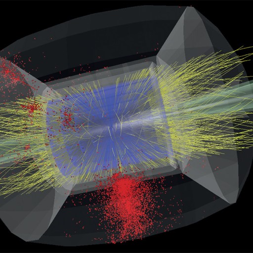 A computer-generated visualization shows particle collision data with yellow lines and red dots against a black background. The simulated particles appear to interact within a transparent geometric shape.