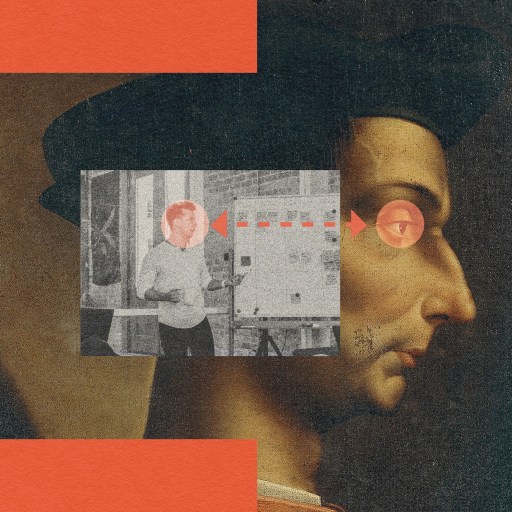 A modern black-and-white photo of a man giving a presentation exudes ambition as it overlays a historical portrait, aligning the man's face with a red dot to the eye of the portrait. Red borders frame the image.