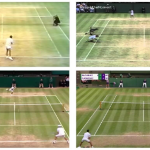 Four images of tennis matches on grass courts, showing different stages of play, each with two players. The courts show varying degrees of wear from fresh to significantly worn.