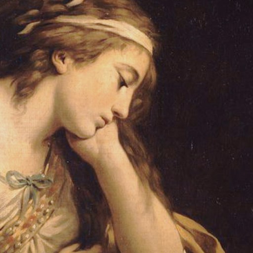 A young woman with long hair rests her head on her hand, eyes closed, wearing a loose white garment and a headband, against a dark background.