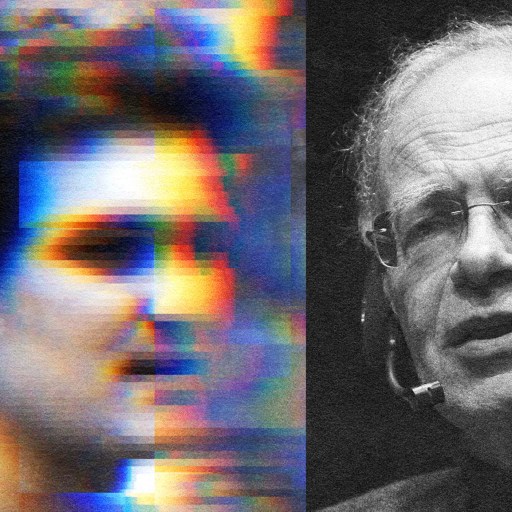 A split image with a blurred, colorful portrait of Sam Bankman-Fried on the left and Peter Singer on the right.