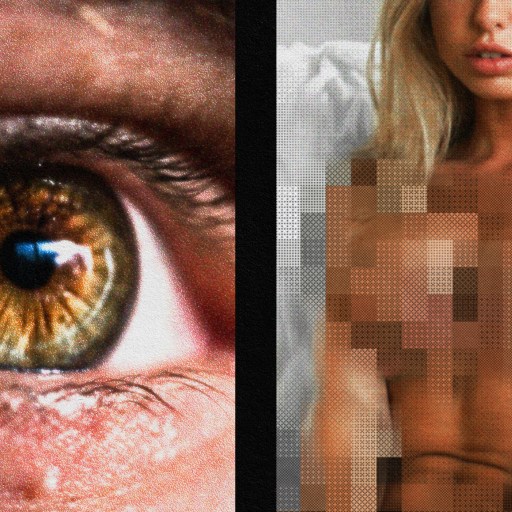 Close-up of a human eye on the left, and a blurred image of a person without clothing on the right, depicting themes that border on pornography.