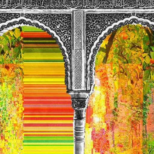 An ornate black and white archway frames a vibrant scene of colorful, abstract vertical lines and dense, green foliage.