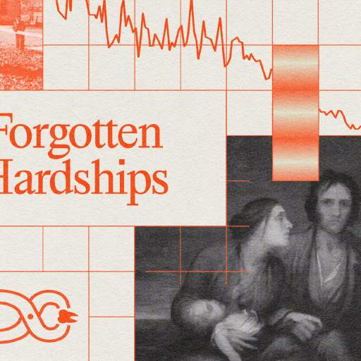 A collage featuring the text "Forgotten Hardships," images of a struggling family, a graph, a historical farming scene, hands with a skin condition, and an illustration of a caliper.