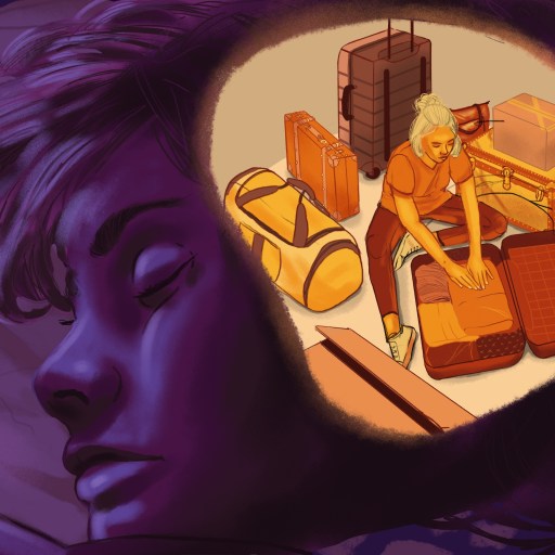 A person is sleeping, dreaming of a woman packing multiple bags and suitcases.