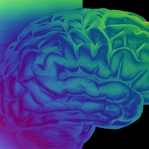 Digital illustration of a human brain, displaying vibrant colors transitioning from green to blue and pink, set against a gradient and black background.