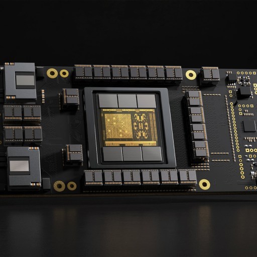 A close-up view of a computer graphics card featuring an array of components, including capacitors, resistors, and a central processing chip, all mounted on a black circuit board.