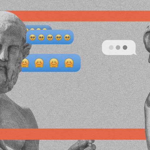Two ancient statues, framed by red lines, appear to be conversing through modern emoji speech bubbles. One statue displays several emojis, while the other shows a typing indicator.