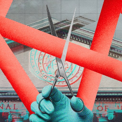 Illustration of a hand cutting red tape with scissors over a government building labeled "National of Health.