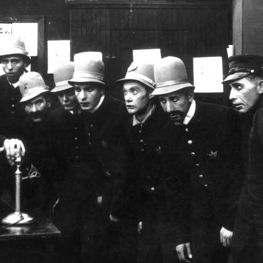 A group of vintage uniformed men, some wearing helmets, appear startled or curious while standing in what seems to be an office setting. The man on the left is speaking into a telephone, possibly exemplifying the Peter Principle as he manages the unexpected situation.