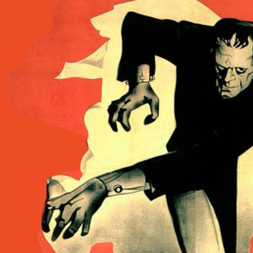 Stylized illustration of Frankenstein's monster with outstretched arms against a red and orange background.