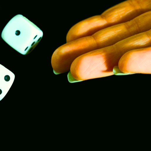 A hand is tossing two white dice with black dots against a dark background.