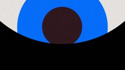 Abstract image resembling a stylized blue and black eye with a white background and a large black semicircle at the bottom.