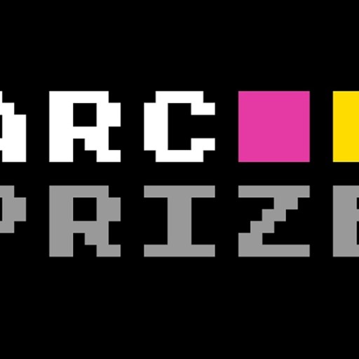 A black background with the text "ARC PRIZE" in pixelated white and grey font. Two colored squares, one pink and one yellow, are placed above the letters "I" and "Z" in the word "PRIZE.