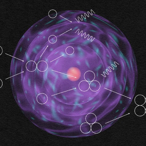 A colorful, abstract scientific illustration with a central glowing sphere, circular patterns, and various lines and circles suggesting quantum connections or uncertainty data points, on a dark background with blue accents.