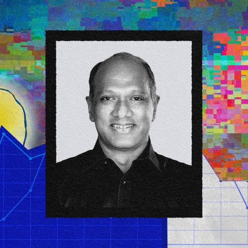 Black-and-white photo of a smiling man centered against a colorful digital background with fragmented pixels, a stylized sun, and graphs on the lower portion, symbolizing elements of an AI strategy.