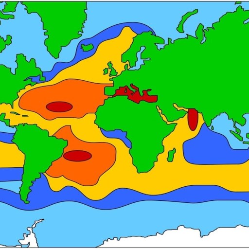A world map displays global climate zones with colors representing varying levels of temperature and precipitation: green for temperate, yellow for arid, orange and red for hotter regions, and blue for wet zones.