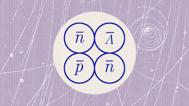 Diagram showing four circles, each containing a different particle symbol: antiproton (n-bar), antineutron (n-bar), anti-lambda (Λ-bar), and antiproton (p-bar), set against a graph-like background.