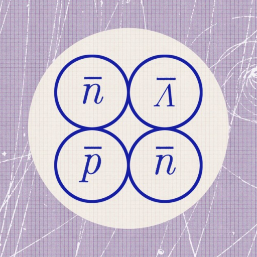 Diagram showing four circles, each containing a different particle symbol: antiproton (n-bar), antineutron (n-bar), anti-lambda (Λ-bar), and antiproton (p-bar), set against a graph-like background.