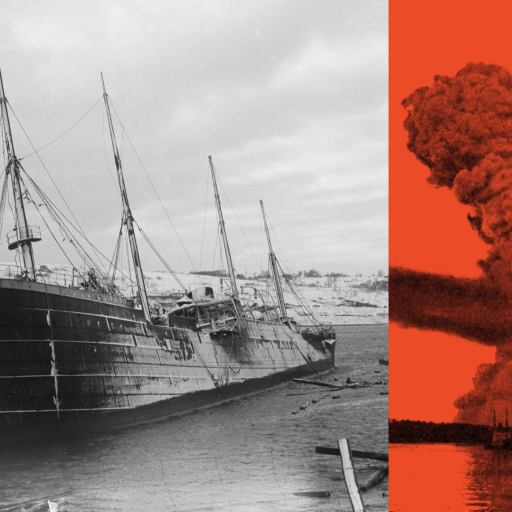 A black-and-white image of a ship in water on the left pairs with a red-tinted photo of a large explosion on the right, capturing the essence of naval catastrophe through expert storytelling.