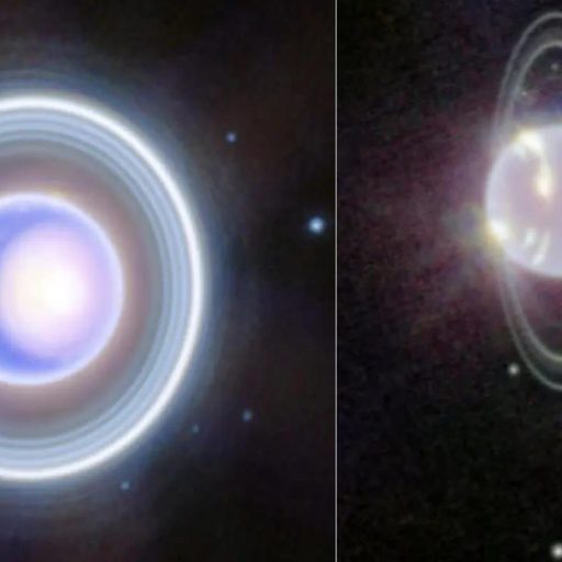 Images show the planet Uranus. The left image highlights its bright rings, while the right image, captured by the James Webb Space Telescope, depicts surprising details of glowing rings and a cloudy atmosphere. Discover more wonders in our solar system with these stunning visuals.