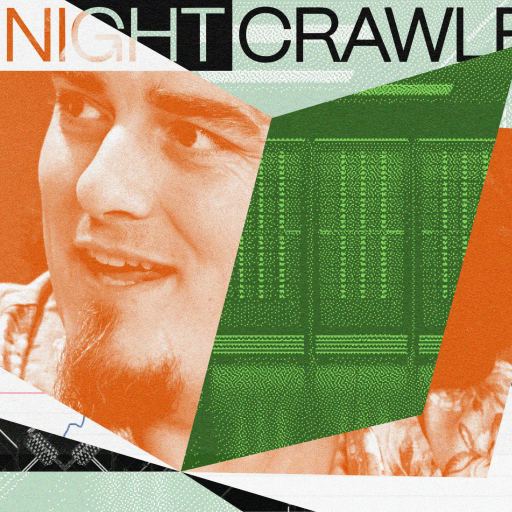 A collage-style graphic features a man with a goatee, the title "The Nightcrawler," stock charts, and abstract shapes in orange and green.