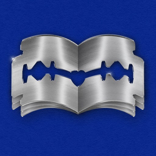 A stainless steel razor blade in the shape of an open book against a blue background. The razor's edges form the outline of the book's pages.