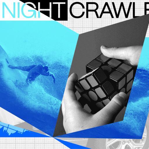 Collage featuring a surfer, hands holding a Rubik's cube, and text "The Nightcrawler." Abstract elements include graphs, car parts, and a cityscape interwoven with life lessons.