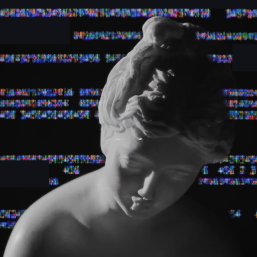 A grayscale marble statue of a woman's head and shoulders is depicted against a black background, overlaid with colorful glitch-like text fragments.