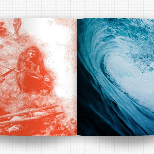 Open book showing two pages: the left page has a red-toned illustration of early humans, while the right page features a blue-toned photo of an ocean wave, capturing the hyperefficient balance between art and nature.