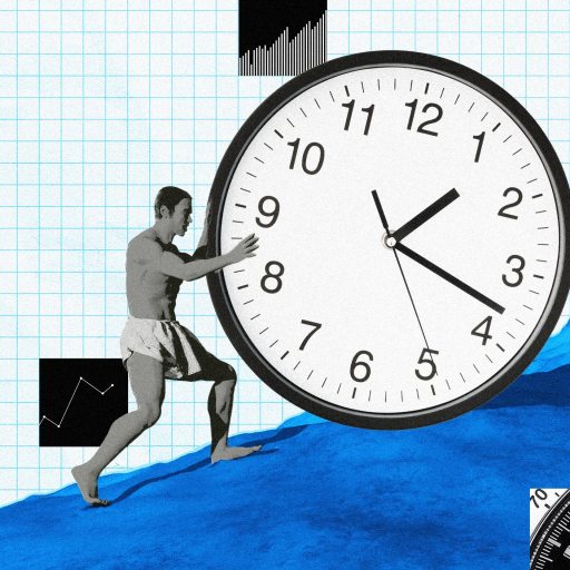 A person in minimal clothing pushes a large clock up a blue hill against a grid background with various numbers and graphs, embodying the diligence reminiscent of the Rule of Saint Benedict.