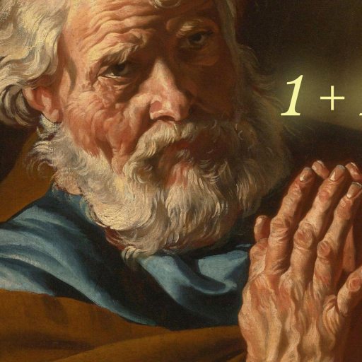An elderly man with white hair and a beard, hands clasped in prayer, with the equation “1 + 1” glowing above his hands.