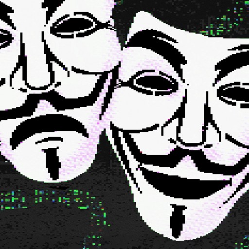 Two Guy Fawkes masks in a pixelated, digital art style with one mask smiling and the other frowning, set against a dark background with faint green patterns.