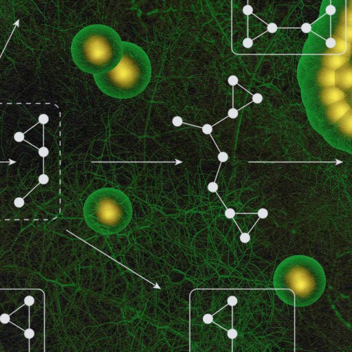 Green and yellow abstract scientific illustration depicting molecular structures interconnected with arrows, set against a dark background.