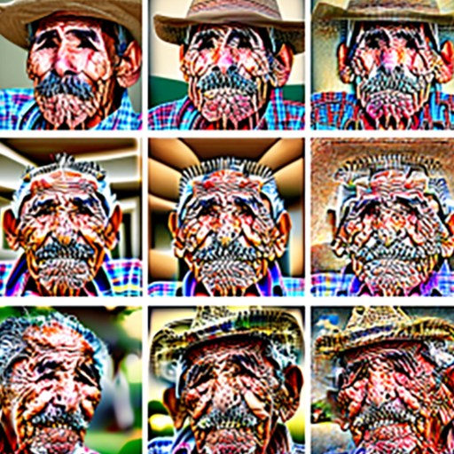 A grid of 15 photos depicts an elderly man with varying levels of digital distortion. He wears a hat in some images and has prominent facial lines and a mustache in all pictures.