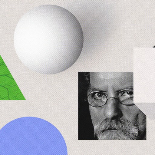 A collage features geometric shapes including a green triangle, a white sphere, a purple circle, and a white cube. Partially visible is a grayscale photo of a man wearing glasses.