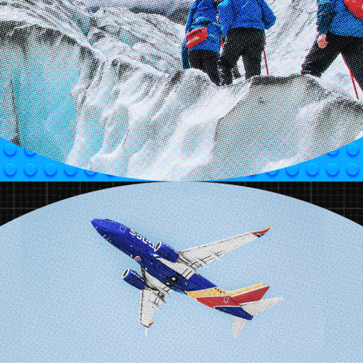 Two scenes: Top shows climbers on an ice-covered terrain, embodying fun and success. Bottom captures an airplane in flight against a clear sky.