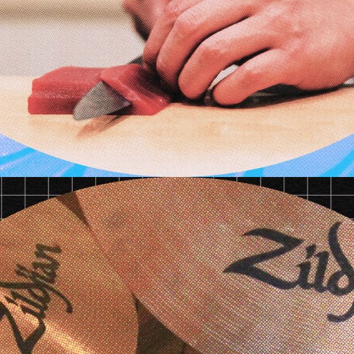 Top image: Close-up of hands slicing a piece of raw meat with a knife, emphasizing precision akin to the longevity sought in business immortality. Bottom image: Close-up of two Zildjian cymbals of different sizes on a grid pattern background.