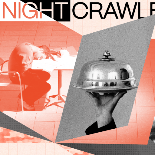 Collage featuring a person sleeping at a desk, a hand holding a hotel bell, and sharks. The title "The Night Crawler" appears at the top.