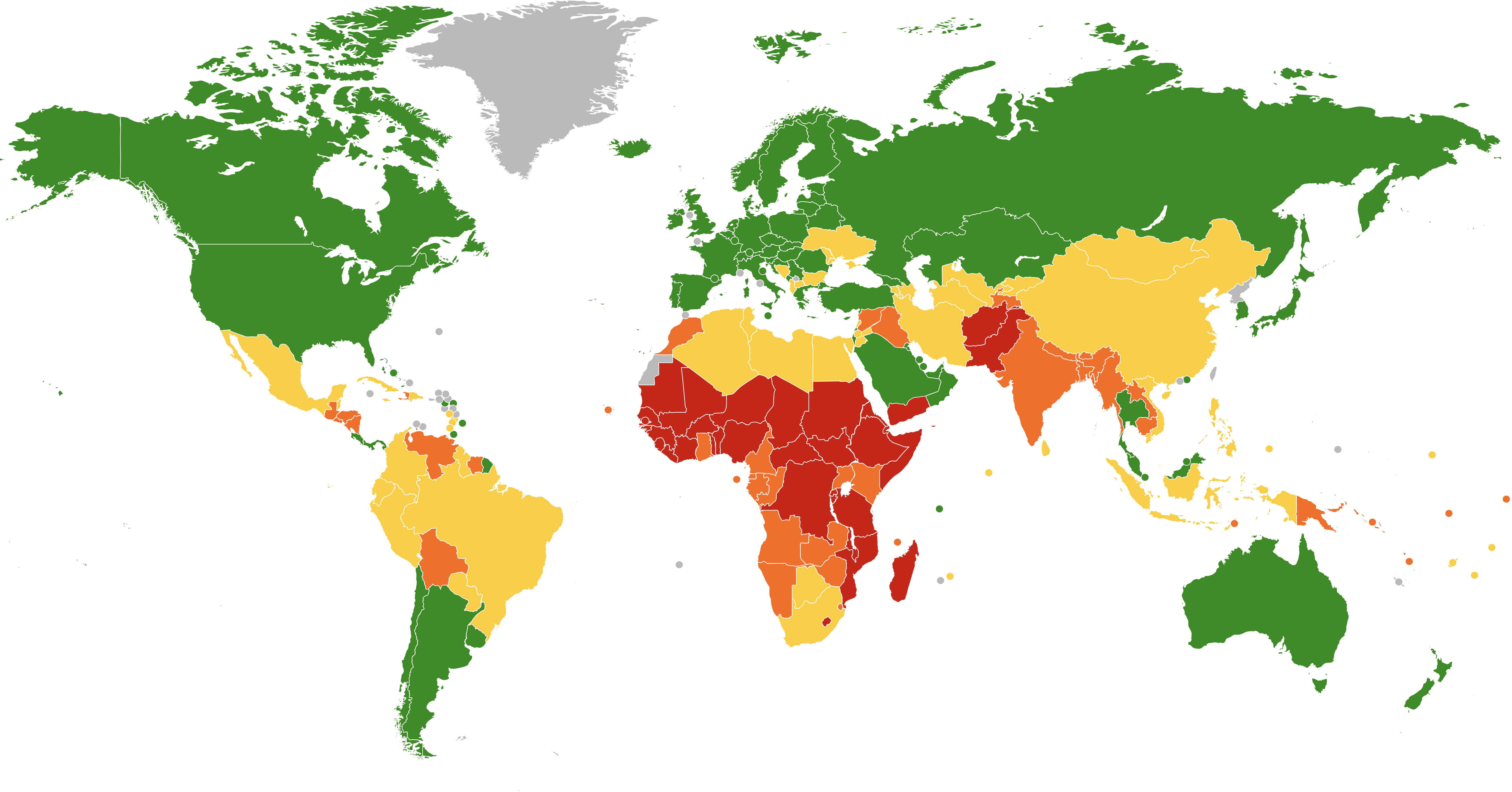 A world map with countries in green, yellow, orange, and red, indicating different levels of achievement of Millennium Development Goals.