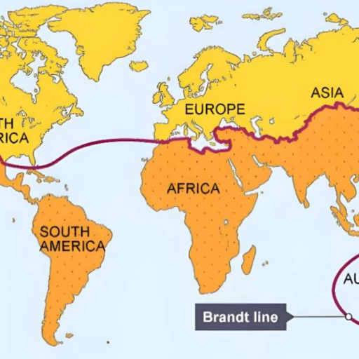 World map highlighting the Brandt Line, dividing the Global North and Global South across continents.