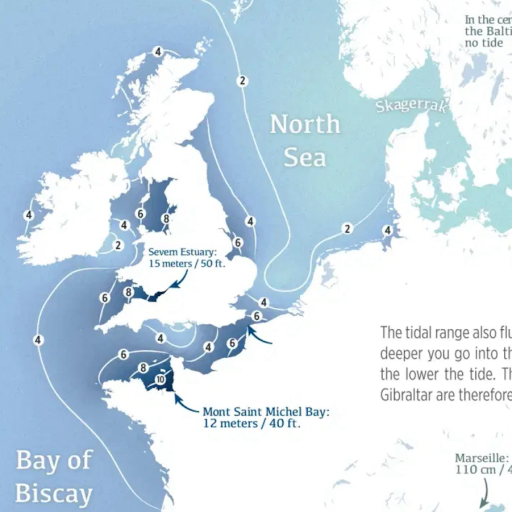 Map showing tidal ranges in northern Europe. Notable locations include Severn Estuary, Mont Saint Michel Bay, and Gibraltar. Depths indicated in meters and feet.