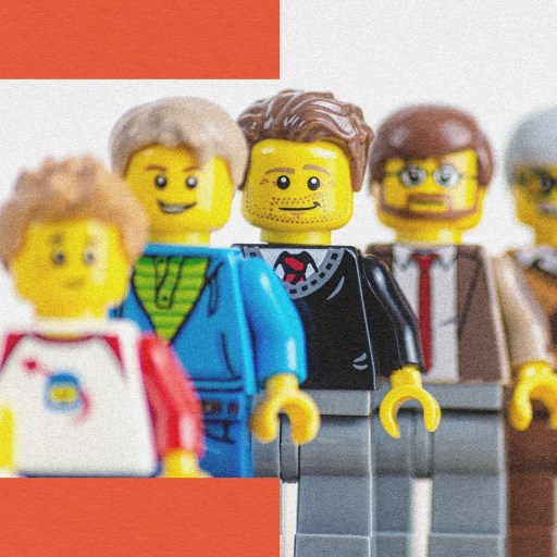 Five Lego minifigures standing in a line, each with distinct facial expressions and clothing, against a split white and orange background.