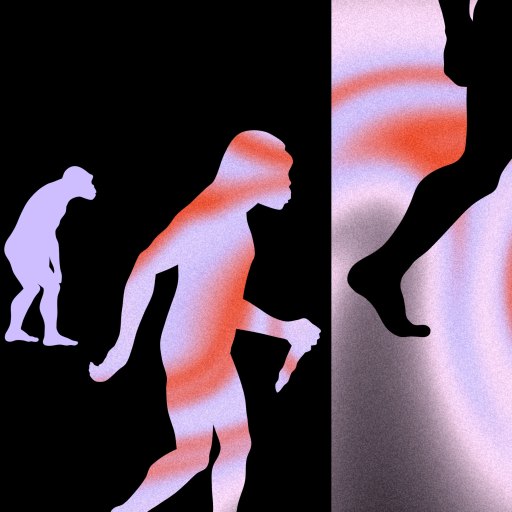 Illustration of human evolution with silhouettes of ape to human walking against an abstract background with swirling red and white patterns.